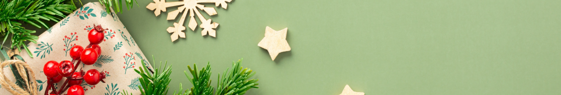 “Christmas decorations hanging on a green wall with festive banner