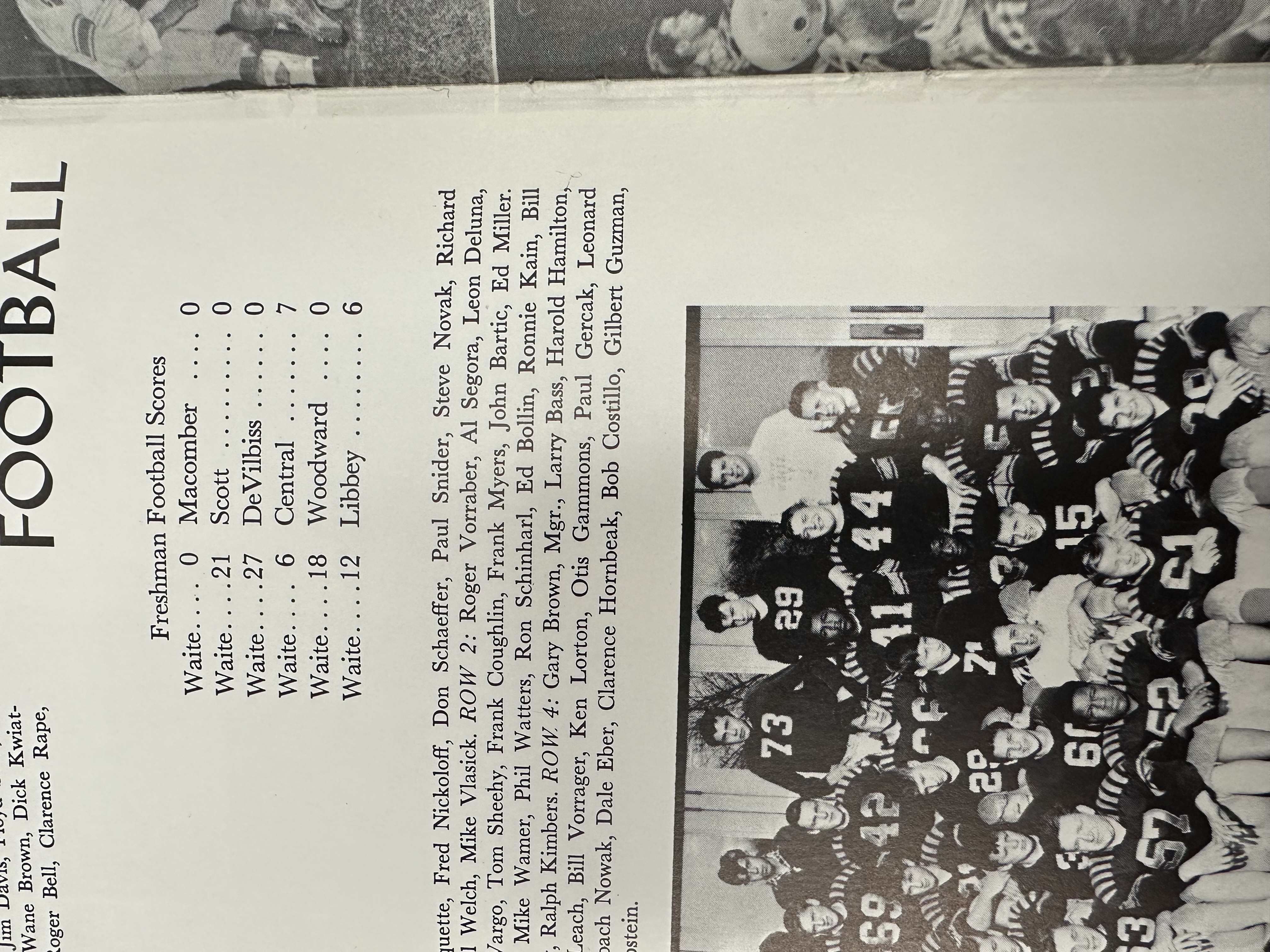 Vintage high school football yearbook page showing Waite High School freshman football team photo, player roster, and season scores