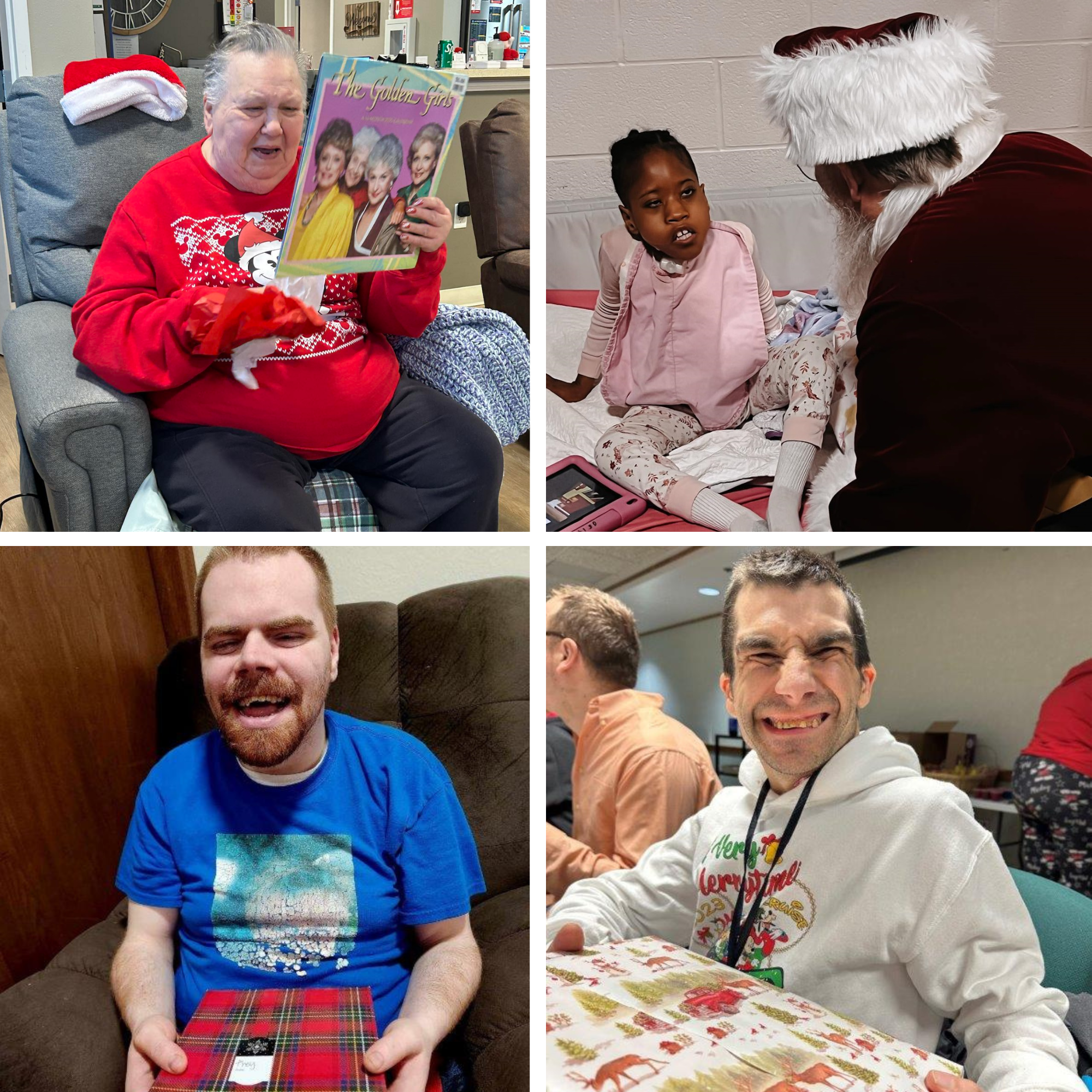 Collage of joyful holiday moments: an older woman smiling while holding a 'Golden Girls' puzzle, a young girl in pajamas interacting with Santa Claus, a man in a blue shirt happily holding a wrapped gift, and another man in a festive hoodie grinning with excitement while unwrapping a present.